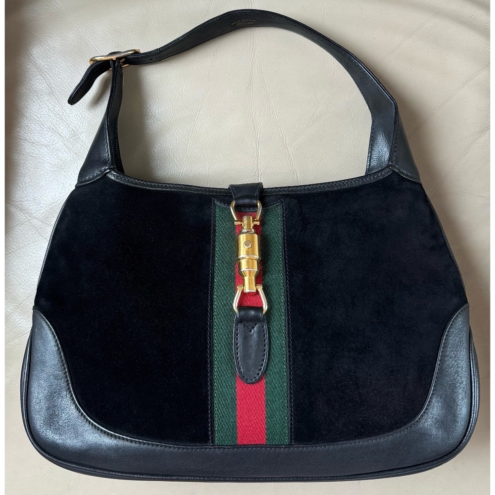 Rare Authentic Vintage Gucci Web Jackie Black Suede Leather Bag with COA